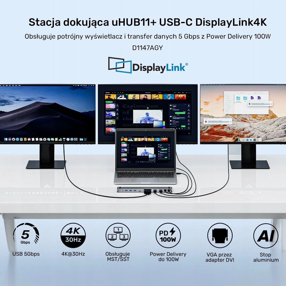 Docking station Unitek uHUB11+ USB-C DisplayLink 4K, PD 100W, 11 porta, gri, set me kabllo 0.6 m + adapter DVI-VGA