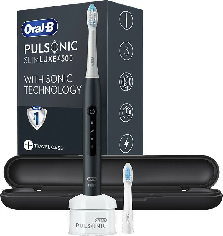 Furçë dhëmbësh elektrike sonike Oral-B Pulsonic Slim Luxe 4500 Travel Edition, me 2 koka + kuti udhëtimi, zezë