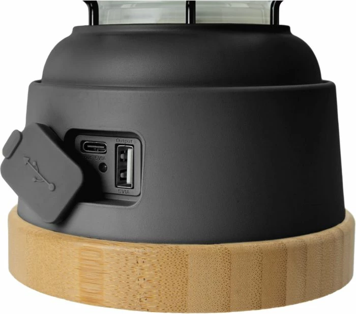 Fener LED portativ BRUNNER LYSS 0720066N, rikarikueshëm 5200mAh, 15-450 lm, dritë e ngrohtë/bardhë, bazë bambuje, e zezë