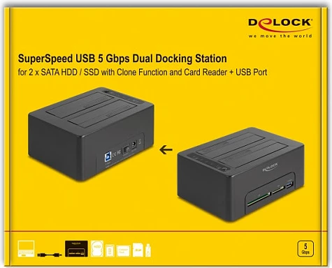Docking station USB DeLOCK Dual për 2x SATA HDD/SSD, Clone, Card Reader SD/CF, USB 3.2 Gen 1, 2.5/3.5", e zezë