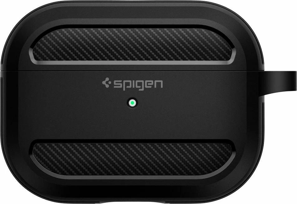 Mbështjellës mbrojtës Spigen Rugged Armor për AirPods Pro, TPU, dizajn karbon, me karabinë, i zi, me film mbrojtës