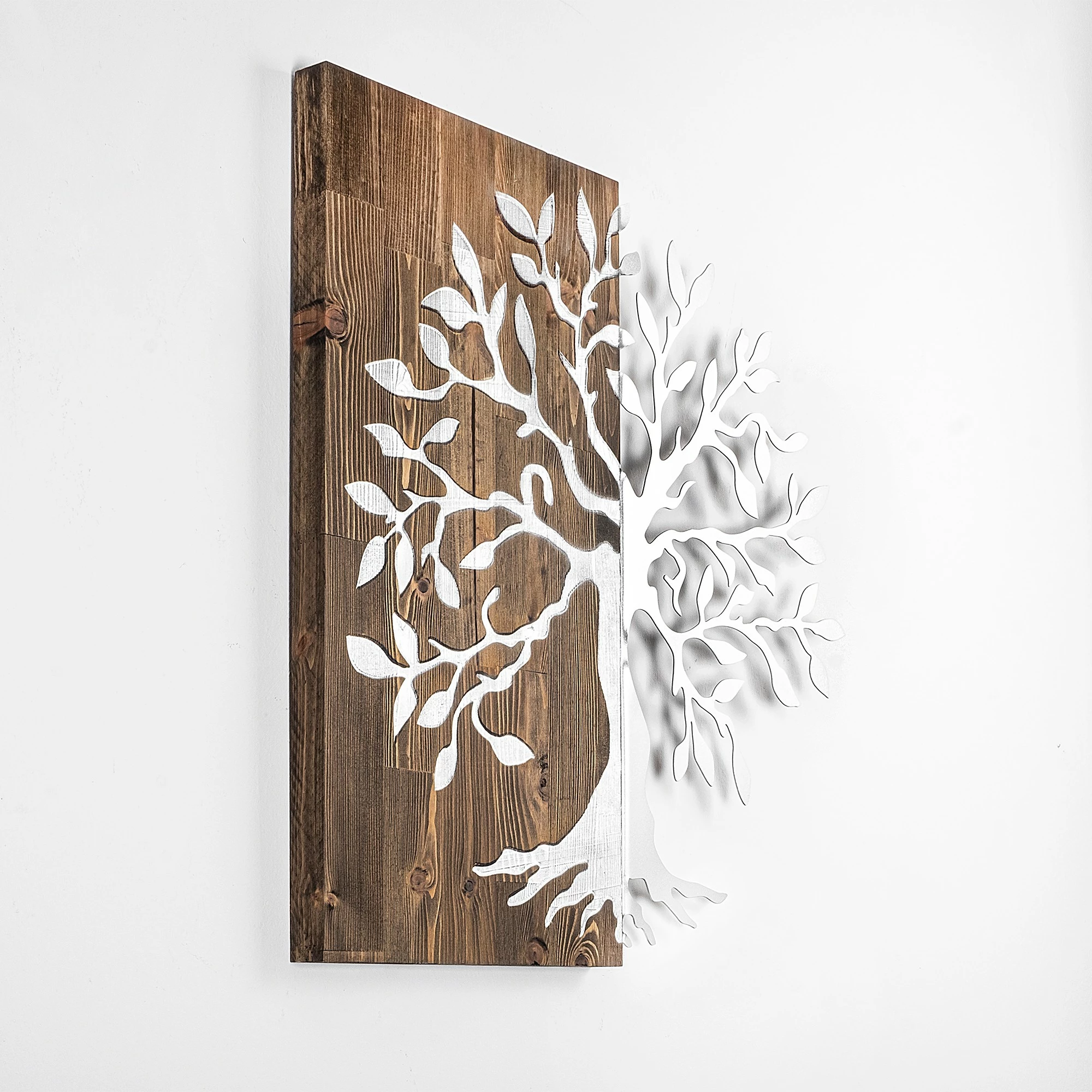Aksesor dekorativ për mur, dru dhe metal, pemë, ngjyrë arrë dhe argjend, 58x58cm