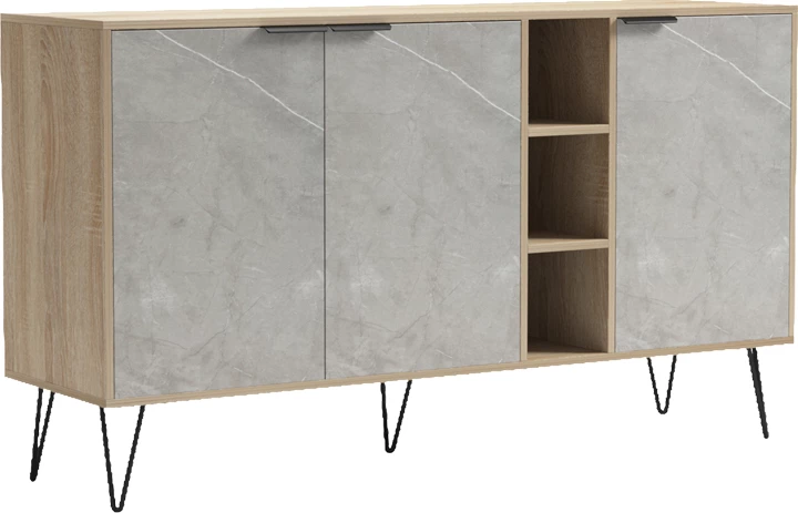 Bufe Balain, pamje mermeri gri-bezhë, këmbë të zeza, 142x35.5x83cm