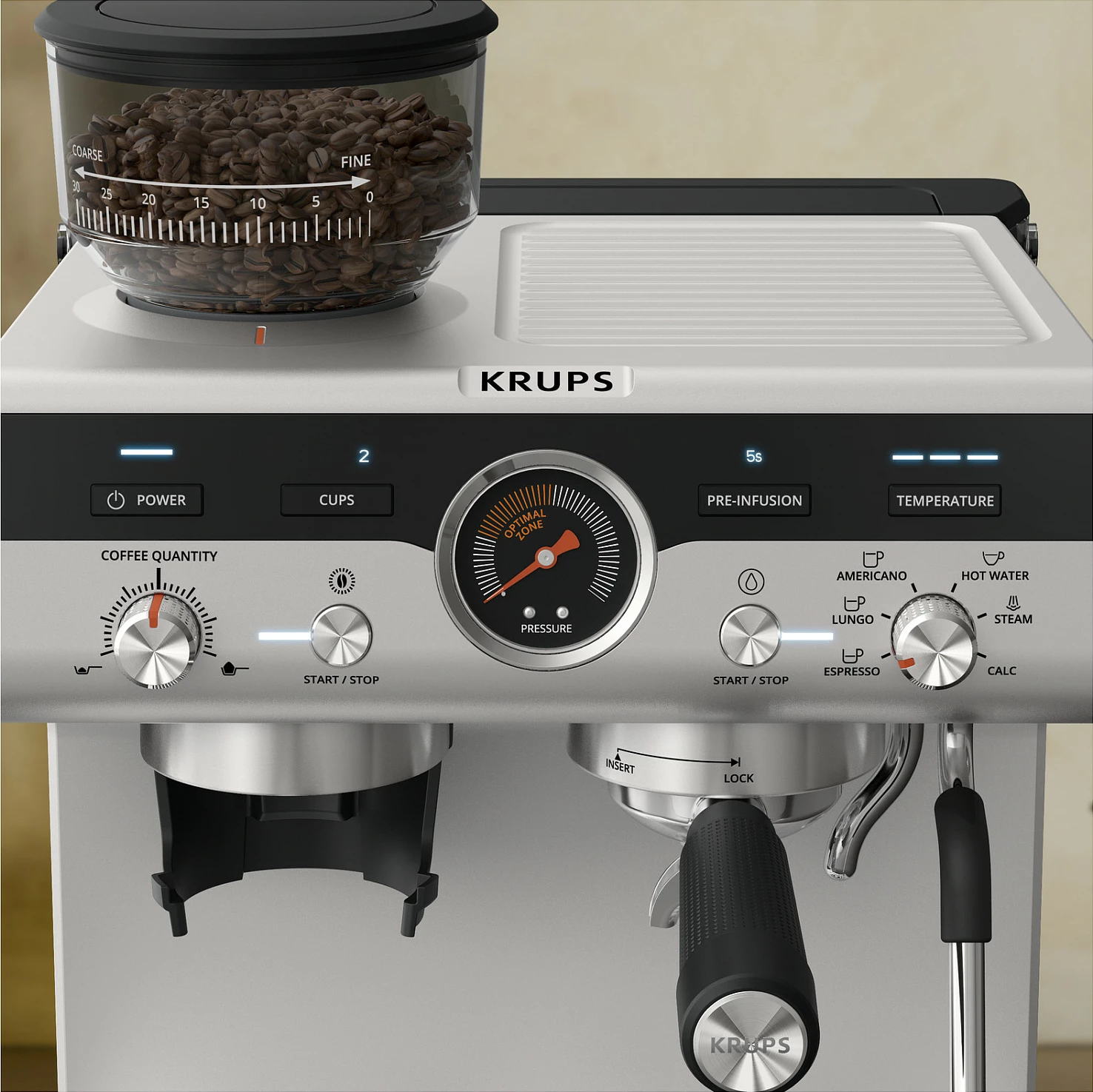 Makinë espresso Krups XP801T, me mulli të integruar, 3L, inox/e zezë