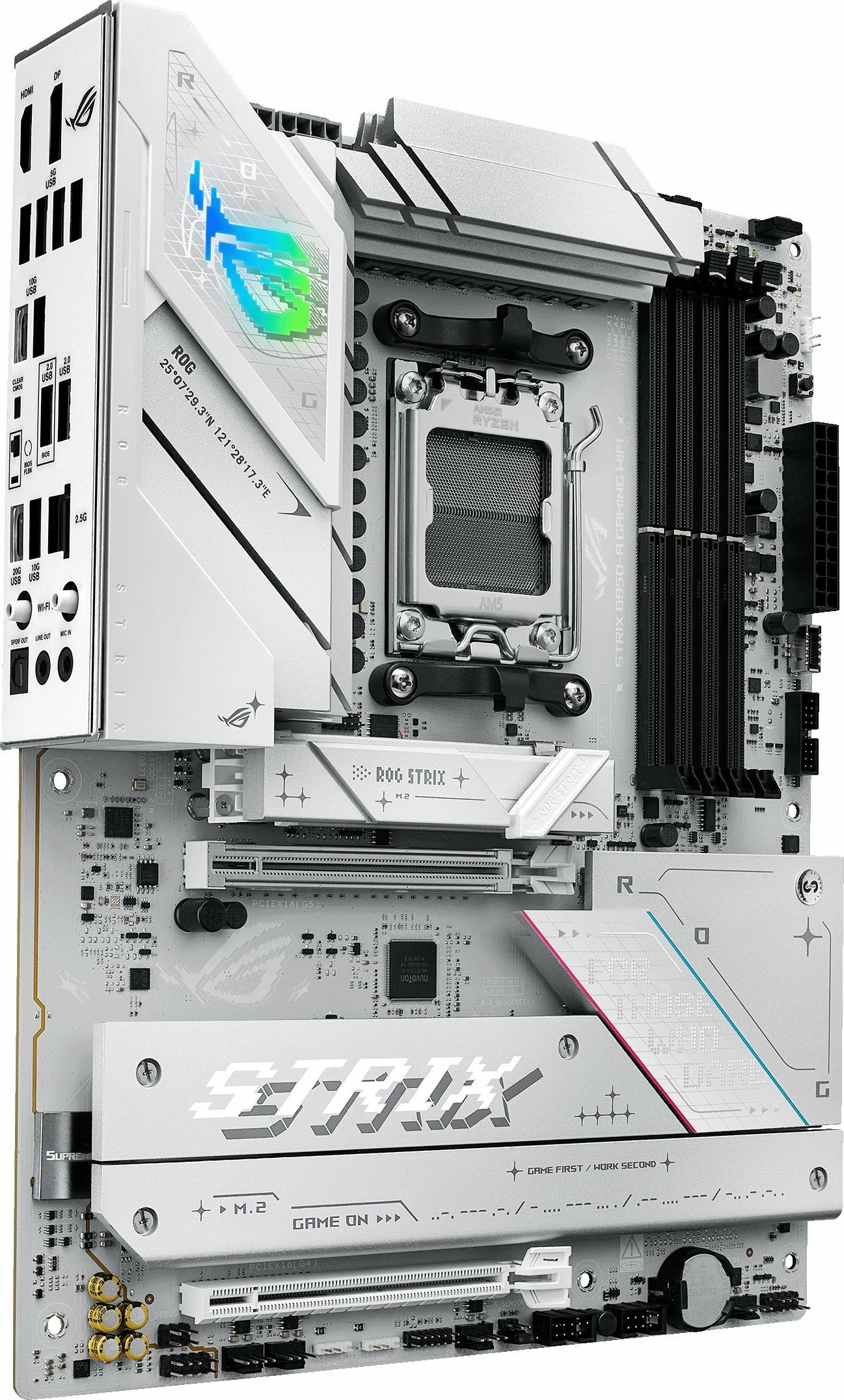 Pllakë amë Asus ROG STRIX B850-A GAMING WIFI, AM5, ATX, DDR5, Wi‑Fi 7, 2.5GbE, e bardhë, me antenë Wi‑Fi