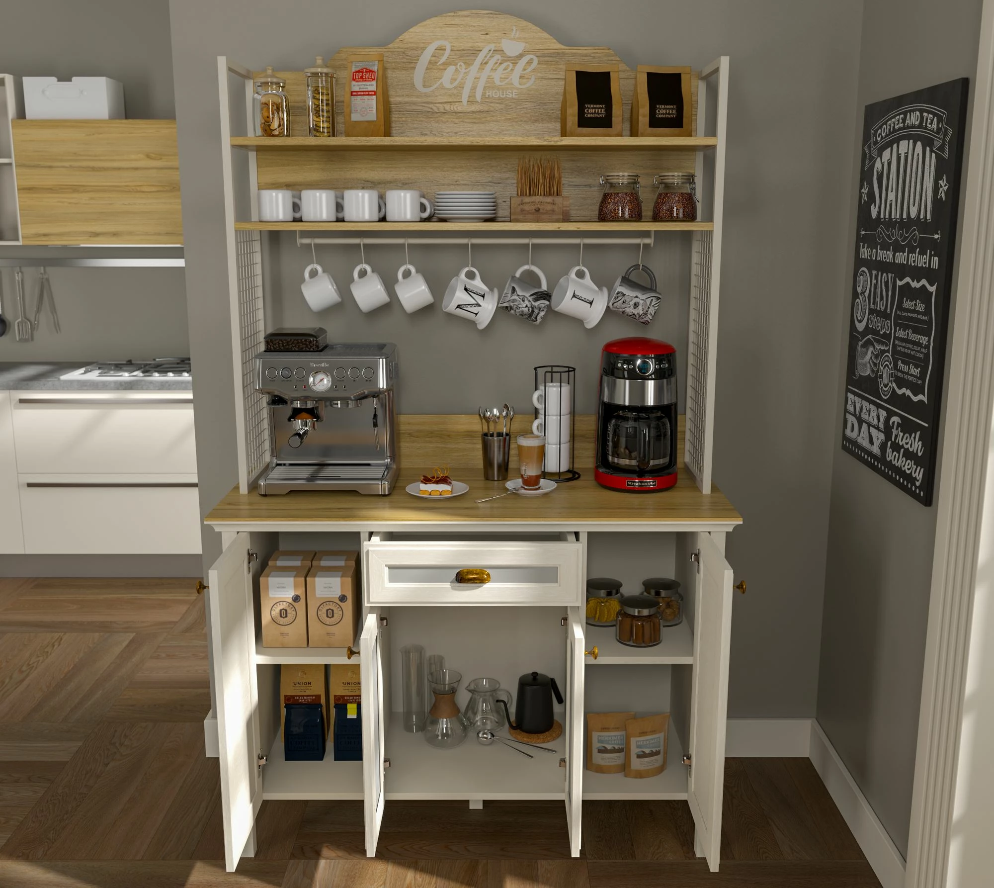 Dollap për kafe, ngjyrë krem, lis dhe e bardhë, Skye Decor, FRN-21027-1