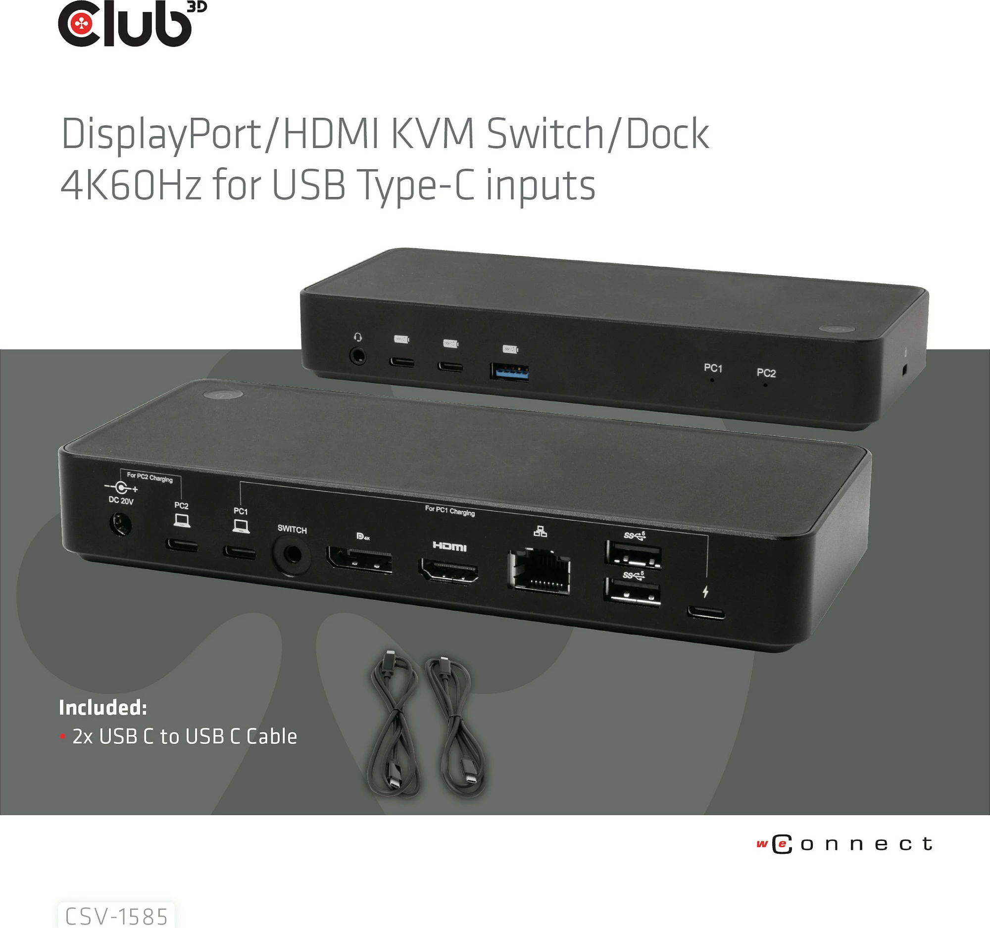 Switch KVM Club3D CSV-1585, 2x USB-C, 4K60Hz, HDMI, DisplayPort, i zi