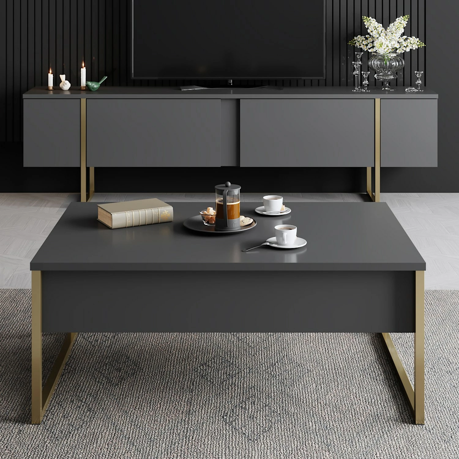 Komodë TV Hanah Home, Luxe, antracit, ari