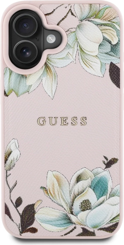 Mbështjellës Guess Grained Printed Flower Pattern MagSafe për iPhone 16, Rozë