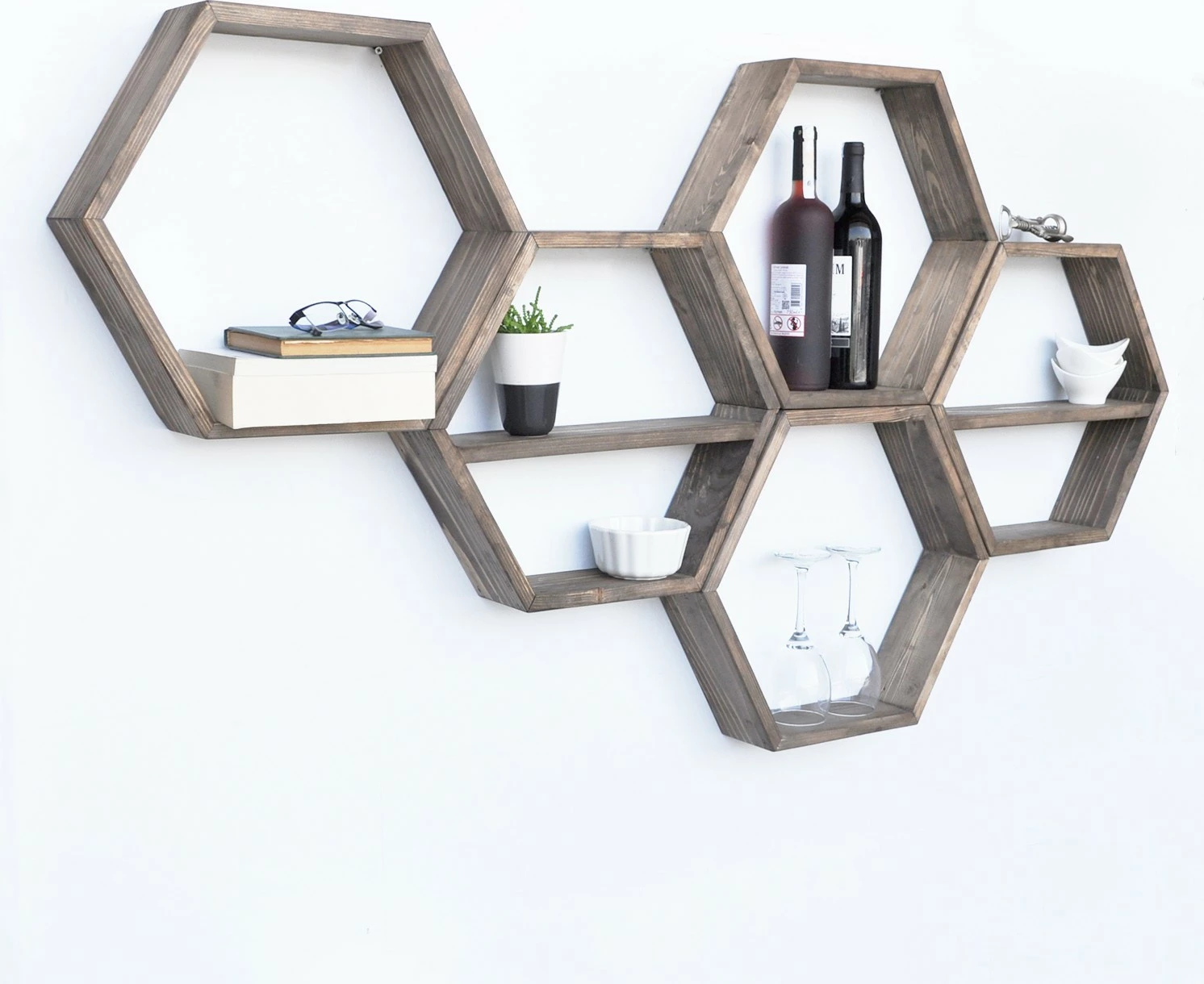 Raft muri prej druri, model gjashtëkëndësh, ngjyrë arre, 5 copë, Hanah Home Hex003
