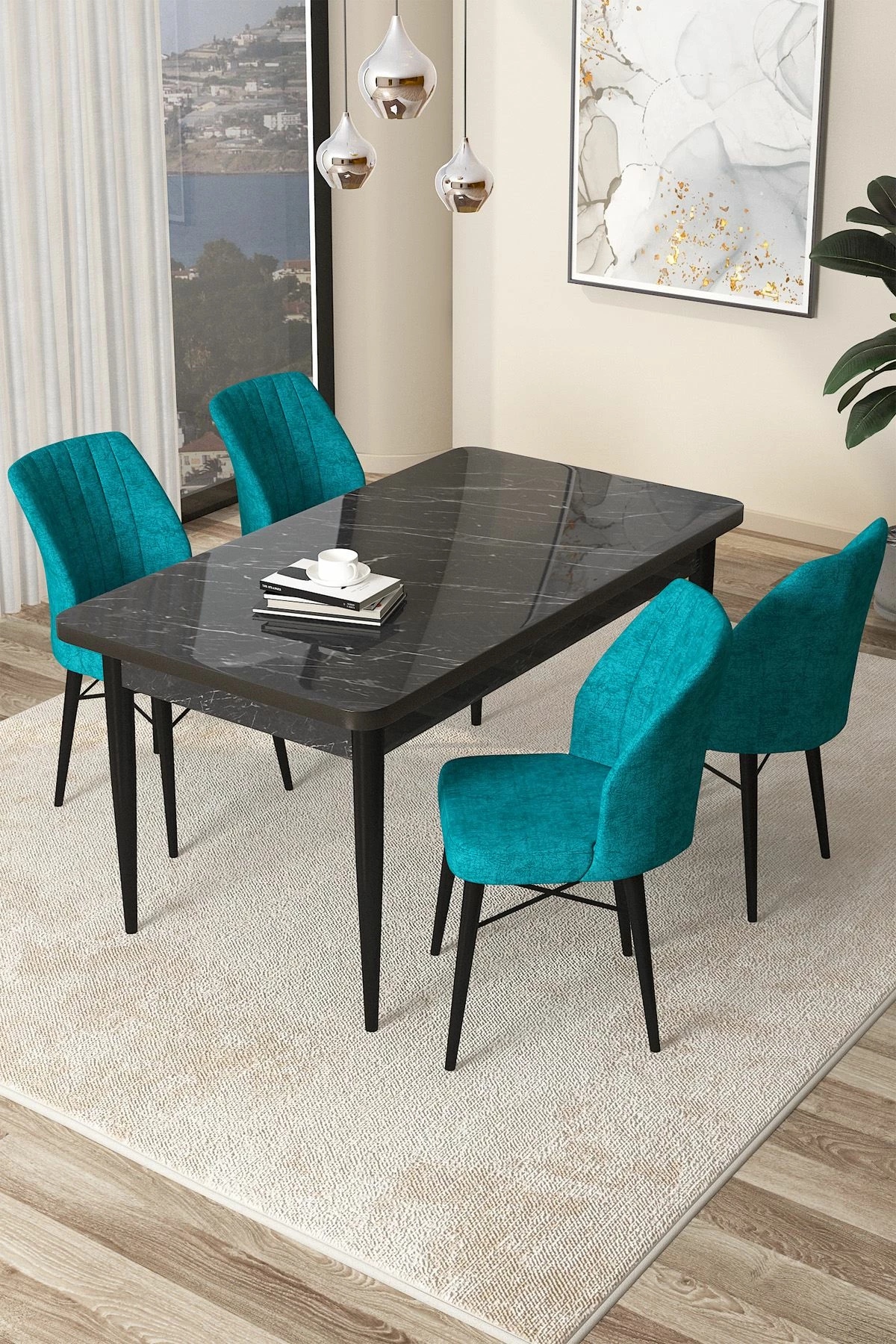 Tavolinë me karrige, 5 copë, Skye Decor, mermer i zi, turquoise