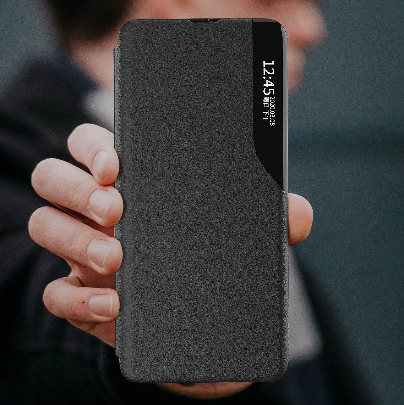 Mbështjellës Hurtel Eco Leather View Case për Samsung Galaxy A73, me kapak dhe mbajtëse, Kuq