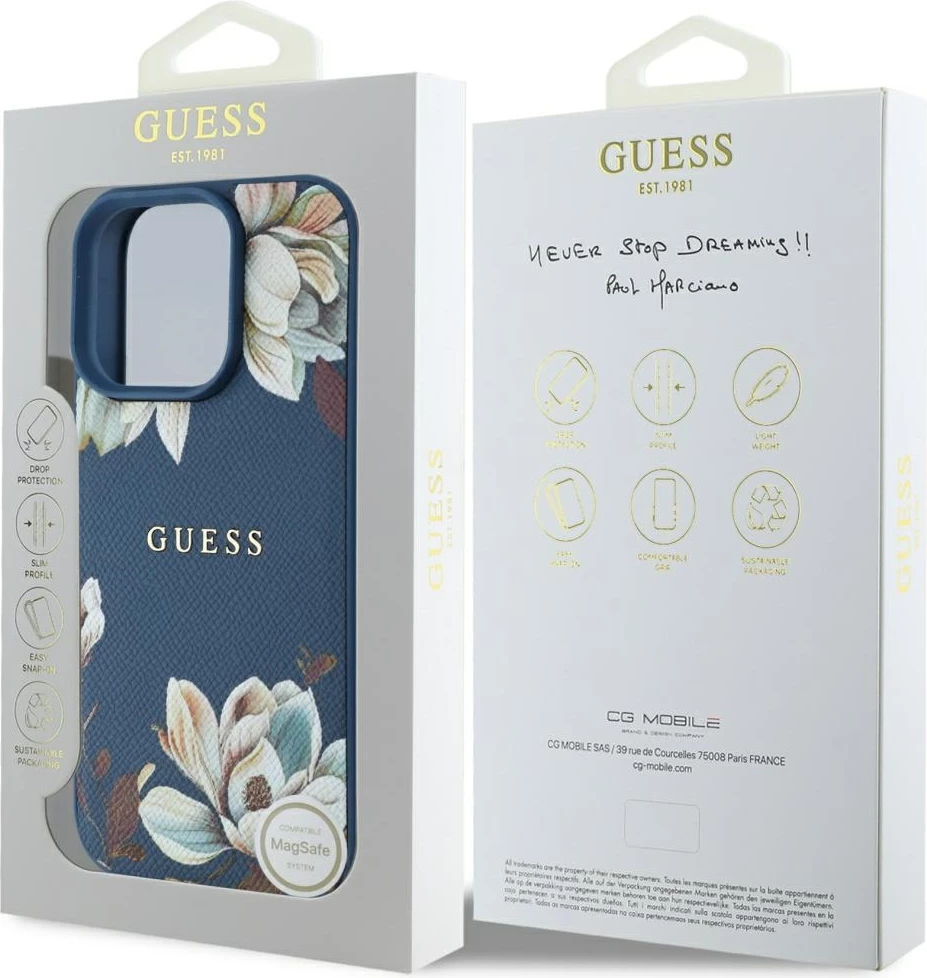 Mbështjellës Guess Grained Printed Flower Pattern MagSafe për iPhone 16 Pro Max, Blu
