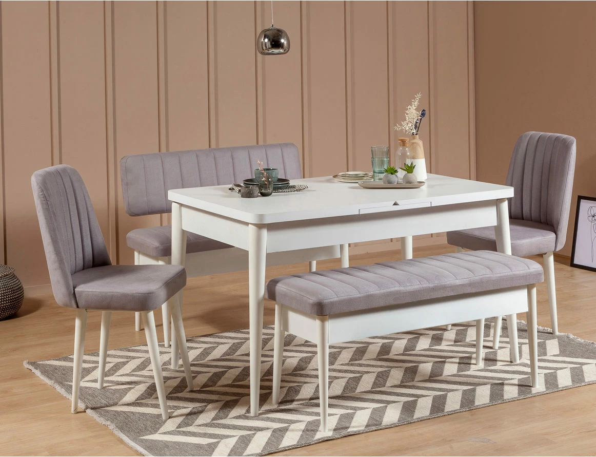 Set tavoline me karrige për ngrënie, e zgjatshme, Hanah Home, Vina e bardhë, Soho gri, 5 pjesë