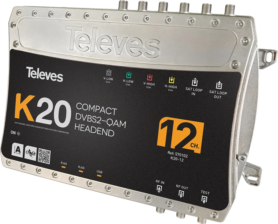 Stacion headend digjital Televes K20-12, DVB-S2 në QAM, 12CH, zi/argjendtë