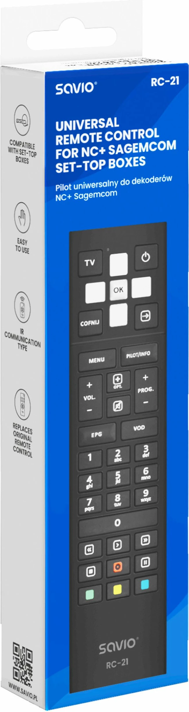Telekomandë universale Savio RC-21 për dekoder NC+ Sagemcom, e zezë