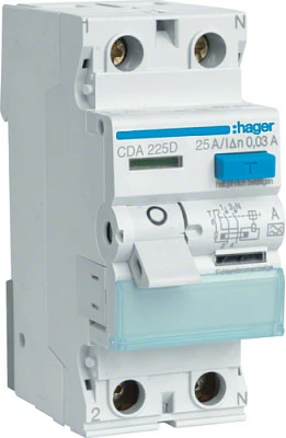Fi-ndërprerës Hager CDA225D, 2-pol, 25A, 30mA, Tip A, 6kA, bardhë/gri me levë blu