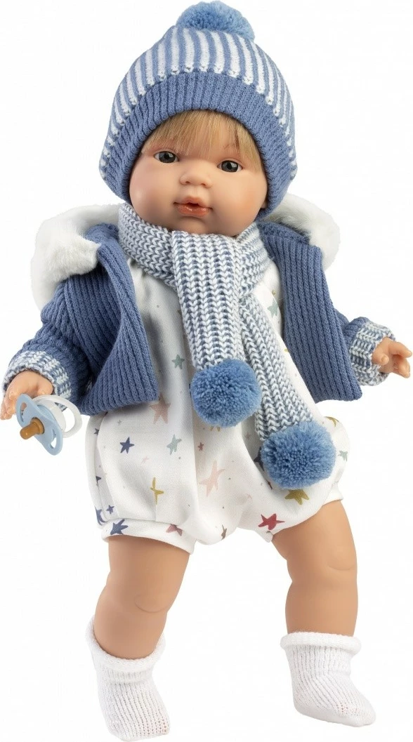 Kukull Llorens Sasha 38573 38 cm që qan, me bateri, material pambuk/vinil, me cicë, set 5 pjesë, blu e bardhë