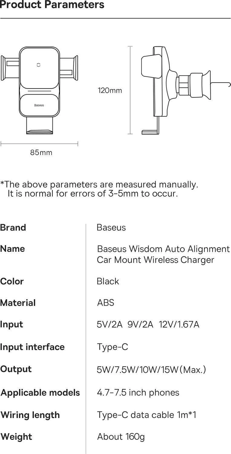 Mbajtës celulari Baseus Wisdom CGZX000001, karikim pa tel Qi 15W, për grilë ventilimi, USB-C, kabllo 1 m, i zi