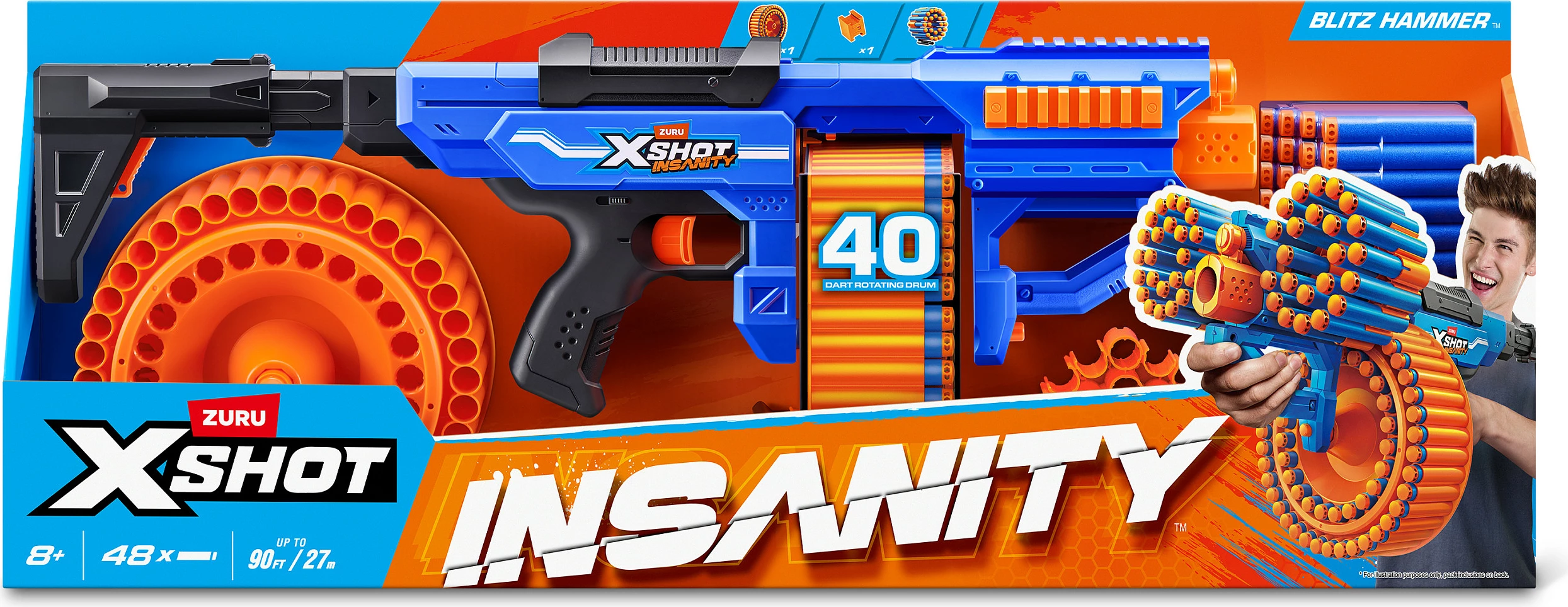 Lançues shigjetash me shkumë ZURU X-Shot Insanity Blitz Hammer, 48 shigjeta, blu/portokalli