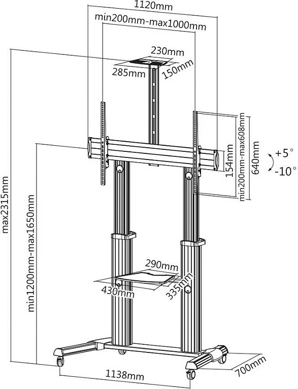 Stativ dyshemeje për TV/ekran ROLINE 17.03.1261, 60"-100", deri 100 kg, VESA 200x200-1000x600, me rrota, argjend