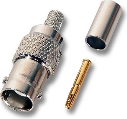 Konektor BNC EFB Elektronik, femër, i drejtë, crimp për RG174, 50 Ohm, argjendtë