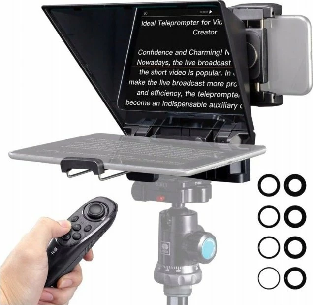 Teleprompter Feelworld TP2A 8\" me telekomandë Bluetooth, set adaptorë lente 8 copë, i zi