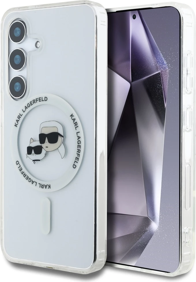 Mbështjellës Karl Lagerfeld Button Karl & Choupette Heads Printed Logo MagSafe për Samsung Galaxy S25 Plus, bardhë