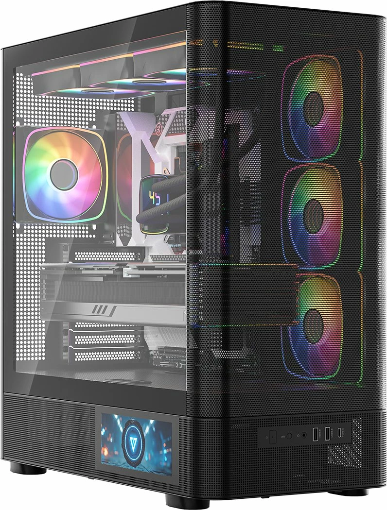 Kasë Modecom Volcano AQ400 ARGB (MC-A-AQ400-4FA-B) Midi Tower ATX/mATX/ITX, ekran LCD, 4x120mm ARGB, USB-C, e zezë