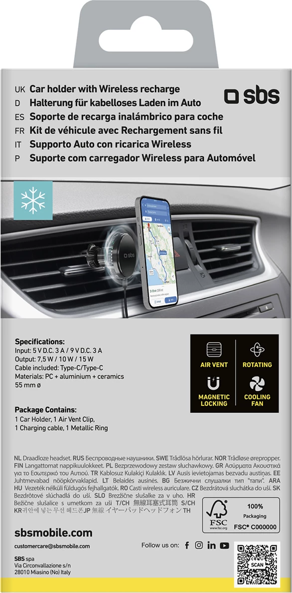 Mbajtës magnetik me karikues wireless SBS TESUPFANWIR15W, për grilë të ajrit, 15W, me ftohje, i zi