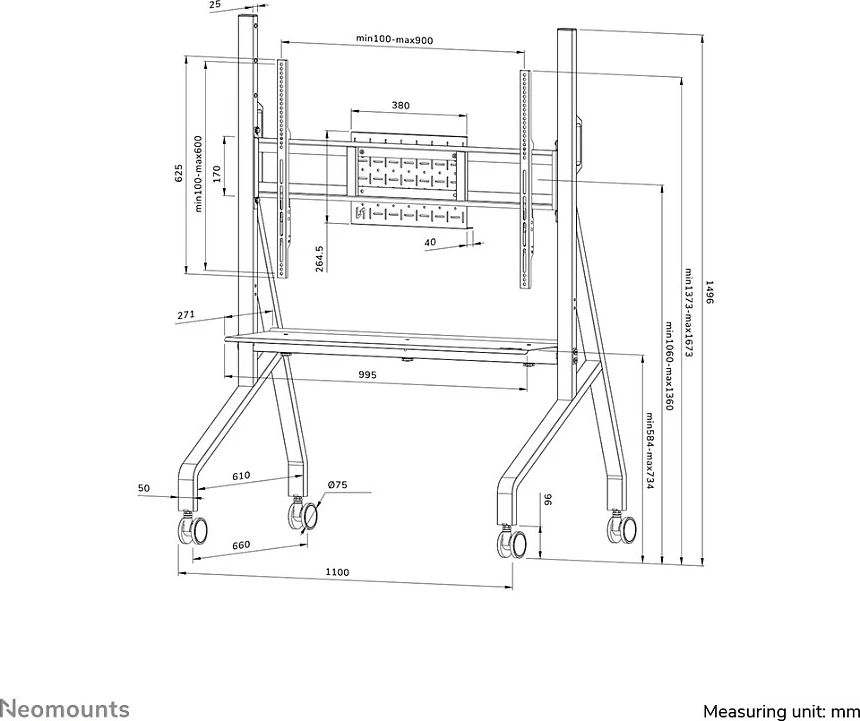 Karrocë multimedia Neomounts FL50-525BL1, Newstar, për ekrane të sheshta deri në 86", e zezë
