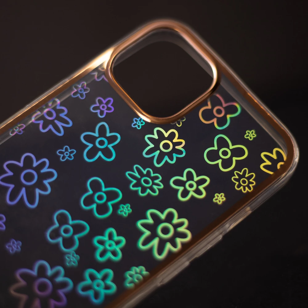 Mbështjellës ONASI Valentine Silicone Case për iPhone 14, transparent me dizajn lule, me kornizë, holografik, rozë