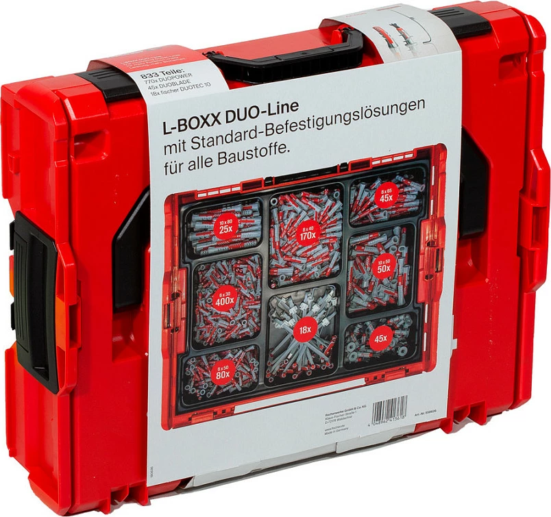 Set dübelash Fischer L-BOXX DuoPower, 833 copë, i rrumbullakët, kuqe