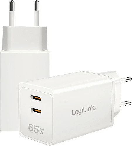 Karikues USB-C LogiLink 65 W GaN, 2x USB-C, PD 3.0/QC 4.0, i bardhë