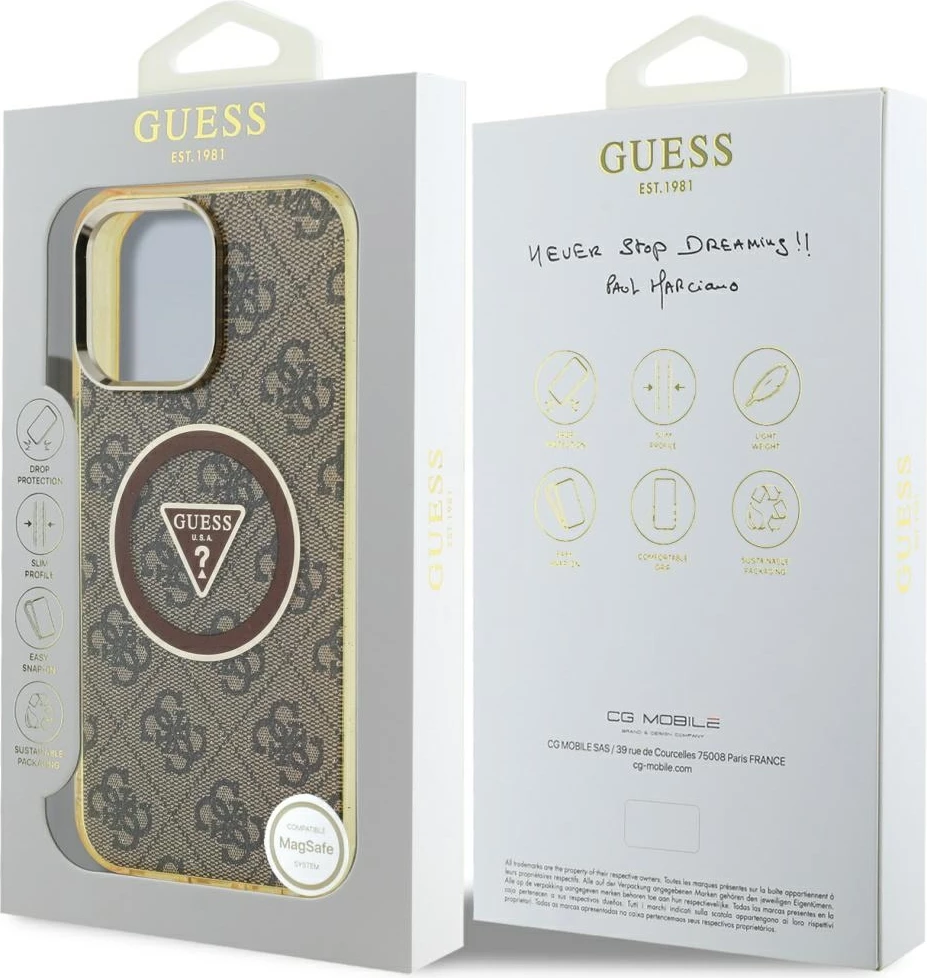 Mbështjellës Guess IML Metal Glitter 4G Circle Triangle MagSafe për iPhone 16 Pro, Kafe