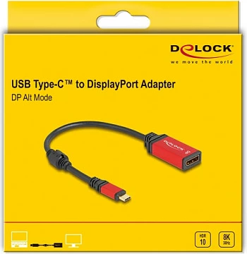 Adapter DeLOCK USB-C në DisplayPort 1.4, 0.2m, 8K 30Hz, HDR, kuqe/zi