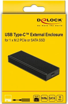 Kasë e jashtme për SSD M.2 DeLOCK USB-C 3.2 Gen 2, NVMe/SATA, 10 Gbit/s, e zezë