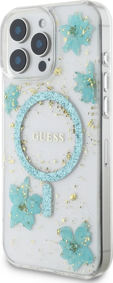 Mbështjellës Guess Resin Flowers Glitter MagSafe për iPhone 16 Pro Max, Transparent/Kaltër