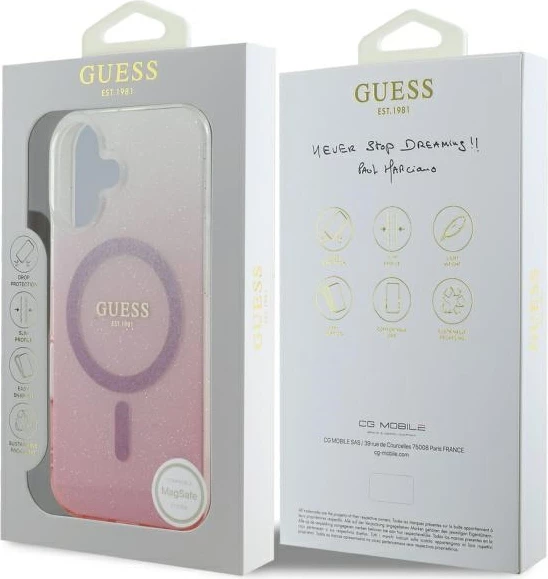Mbështjellës Guess IML Glitter Gradient MagSafe për iPhone 16, Rozë