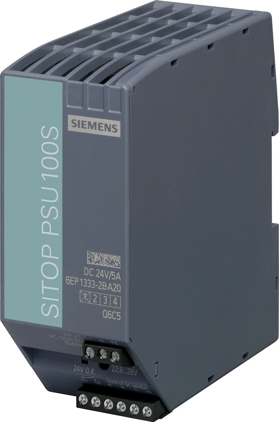 Furnizues rryme Siemens SITOP PSU100S 6EP13332BA20, 24V 5A, hyrje 120/230VAC, montim DIN