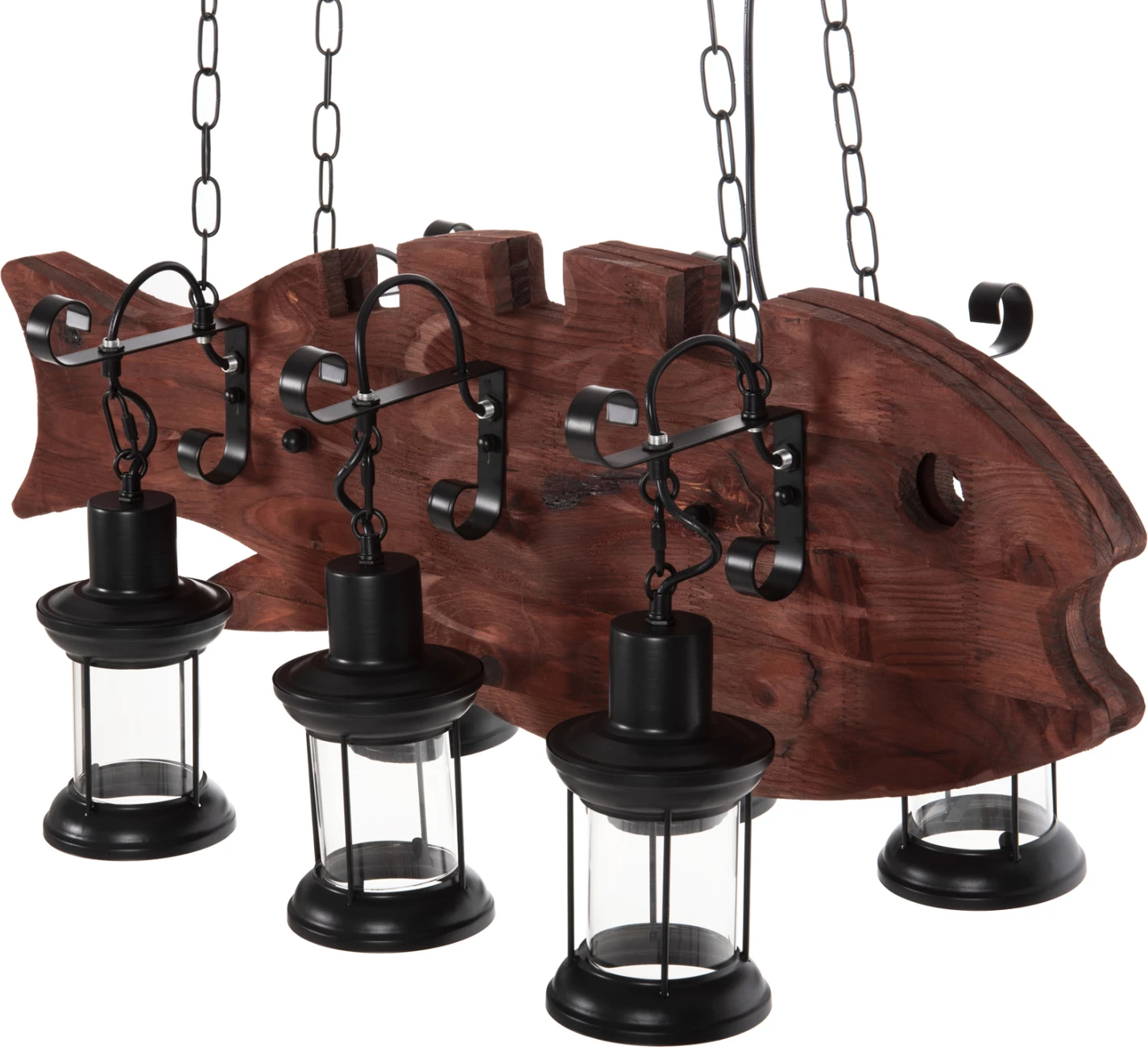 Llambë tavani me 6 drita, FH4118, dru, metal i zi, qelq, 95x35x116H cm