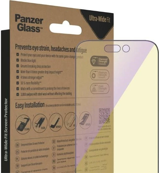 Xham mbrojtës PanzerGlass Ultra-Wide Fit me filtër dritë blu dhe EasyAligner për iPhone 14 Pro