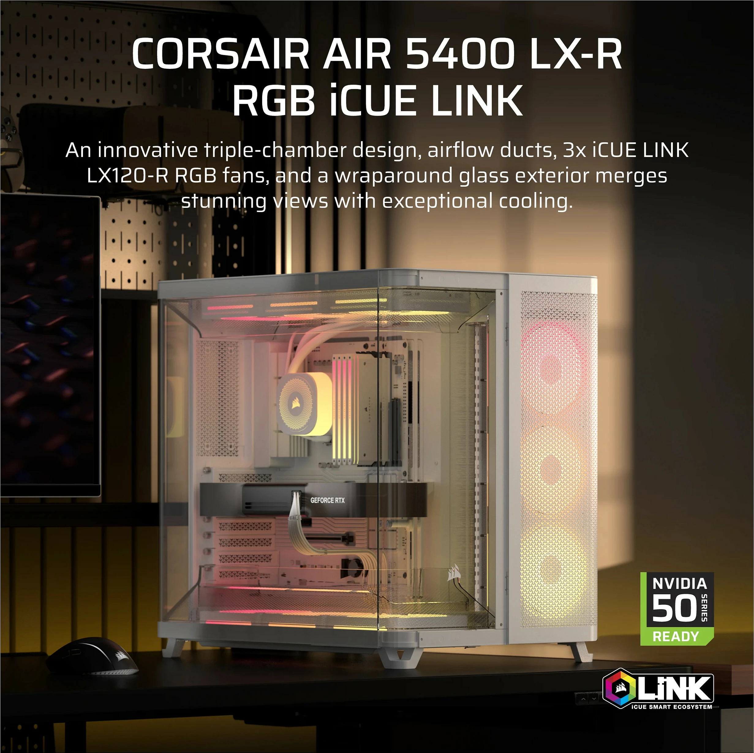 Kasë Corsair Air 5400 LX-R RGB iCUE LINK, Midi Tower ATX Gaming, Tempered Glass, RGB, e bardhë