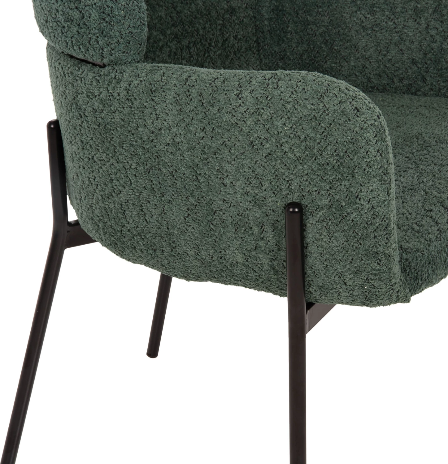 Karrige me krahë WOLF, pëlhurë boucle jeshile petrol, këmbë metalike të zeza, 58x58x80H cm., set prej 2 copë