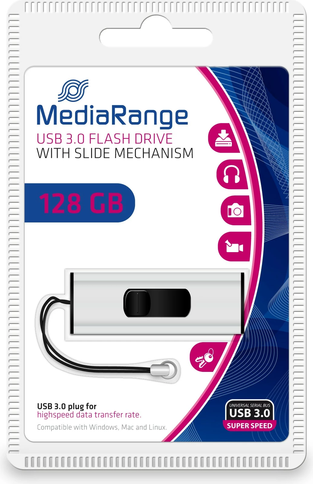 USB stick MediaRange MR918, 128 GB, USB 3.2, Type-A/Micro-USB, zi/argjendtë