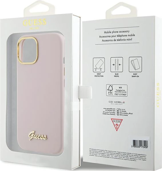 Mbështjellës Guess Silicone Script Metal Logo & Frame për iPhone 15, Rozë