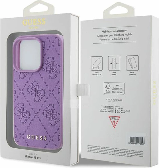 Mbështjellës Guess Leather 4G Stamped për iPhone 15 Pro Max, vjollcë