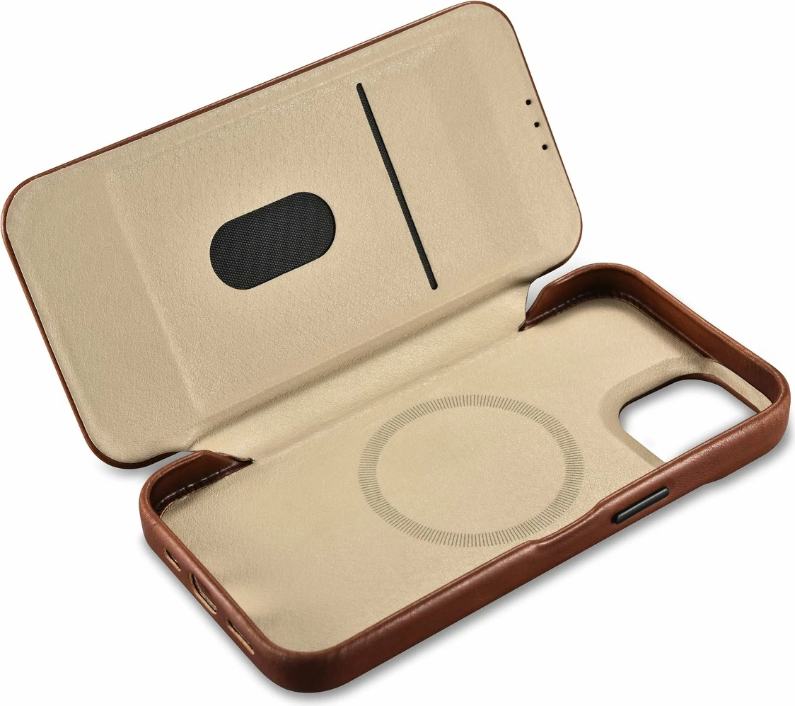Mbështjellës iCarer Oil Wax Premium Leather Folio për iPhone 14 Plus, MagSafe, kafe