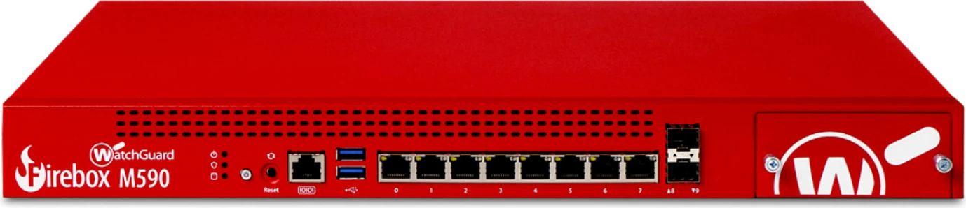 Firewall WatchGuard Firebox M590, 8x RJ-45 Gigabit, 3.3 Gbit/s throughput, rack 1U, ngjyrë e kuqe