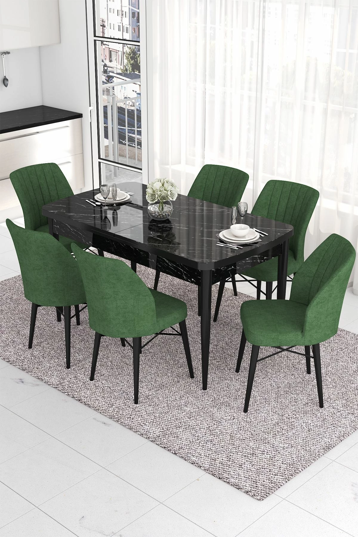 Set tavolinë me karrige, zgjatues, 7 pjesë, Skye Decor, mermer i zi, kaki